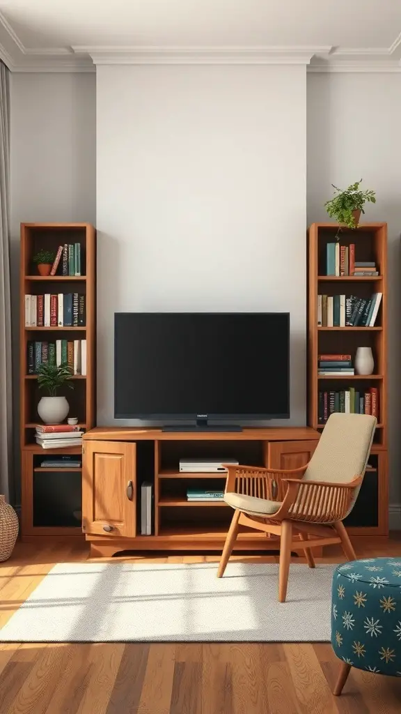 27+ Creative TV Stand Decor Ideas 10 Cozy reading nook with a TV stand, bookshelves, and a comfortable chair.