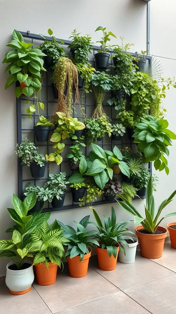 A vertical garden with various plants in pots attached to a grid, showcasing a mix of greenery.
