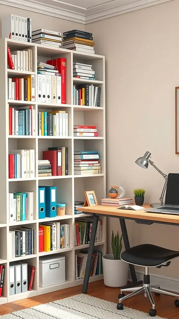 A corner bookshelf filled with books and binders next to a desk in a home office setting.