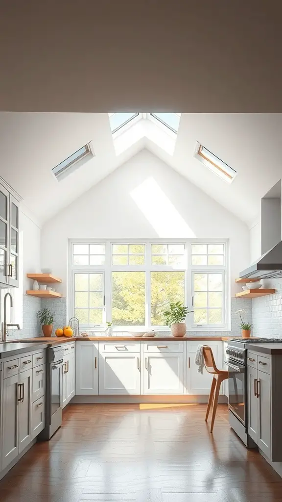Bright kitchen with skylights and large windows, showcasing natural light and plants.
