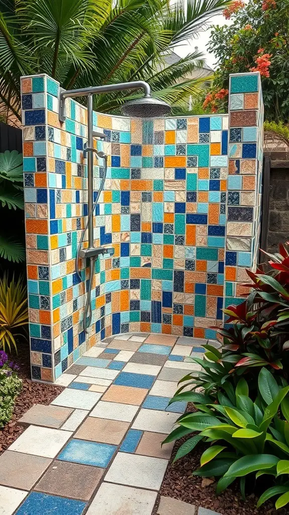 23+ Creative Garden Shower Ideas 15 Outdoor shower with colorful mosaic tiles surrounded by plants