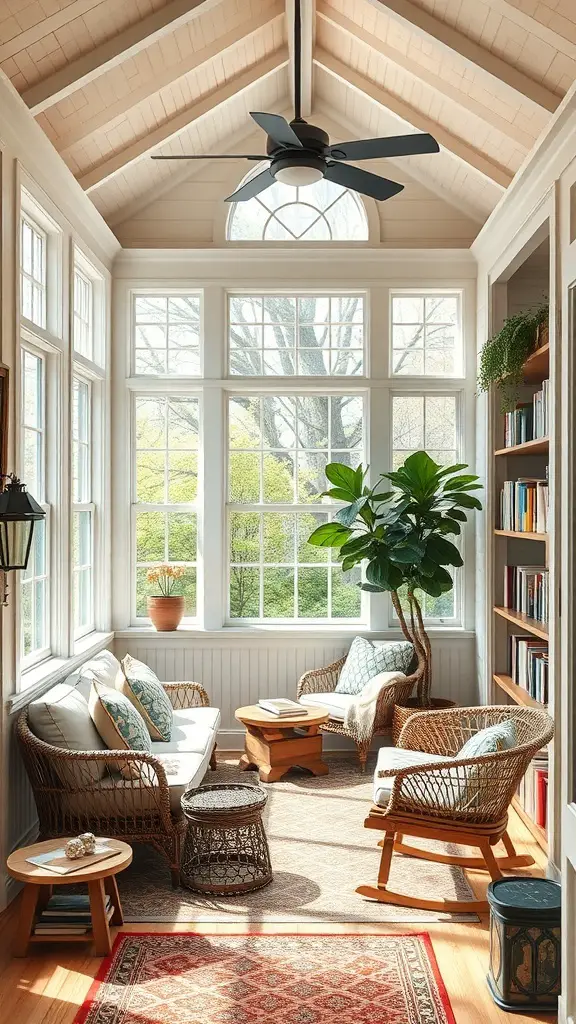 23+ Inspiring Three Season Porch Ideas to Transform Your Space 9 A cozy reading nook with large windows, comfortable seating, and a potted plant.