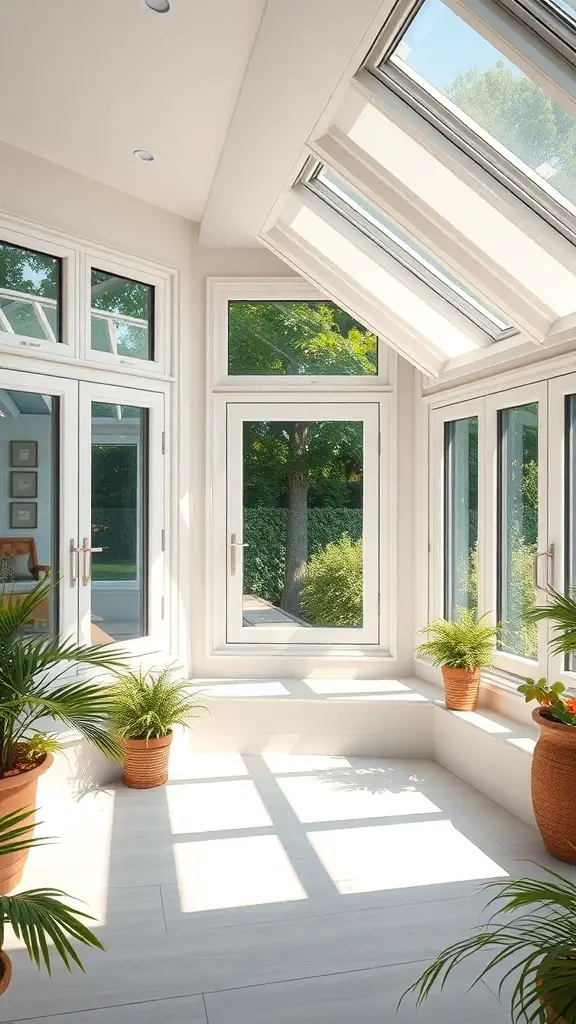 29+ Stunning Sunroom Addition Ideas Off Your Kitchen 9 Bright sunroom with large windows and plants, showcasing natural light and a view of greenery.