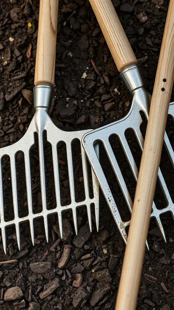 Close-up of garden rakes with innovative tine designs on soil