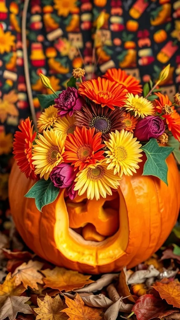 A pumpkin carved with a face, filled with colorful autumn flowers.