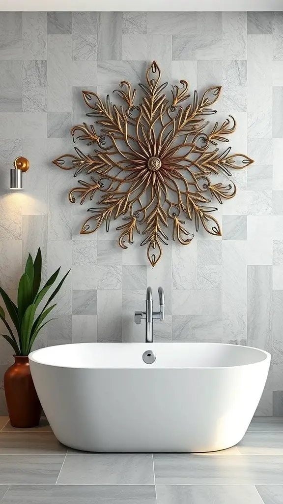 25+ Trending Bathroom Wall Decor Ideas You’ll Love 10 Intricate metal wall art resembling a snowflake on a gray tiled bathroom wall