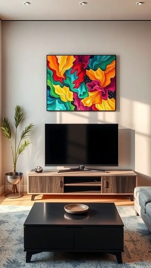 27+ Creative TV Stand Decor Ideas 7 Colorful abstract wall art above a TV stand in a modern living room