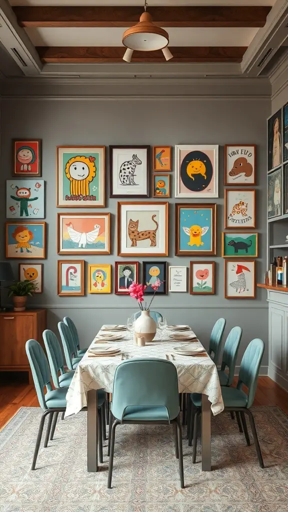 A dining room featuring a colorful gallery wall of playful artwork, with a table set for dinner.