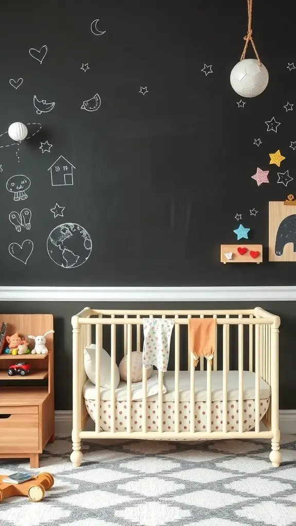 A nursery with a chalkboard wall featuring doodles, colorful stars, and a cozy crib.
