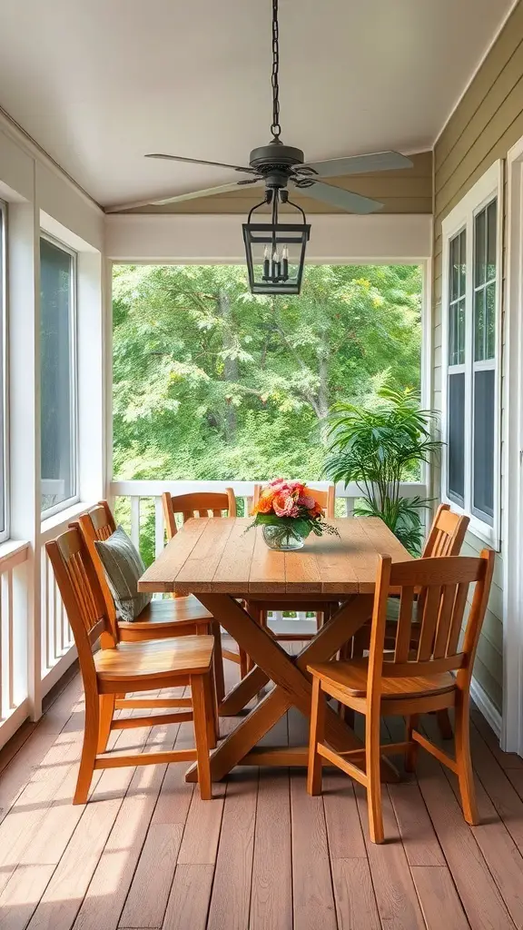 Cozy outdoor dining space with wooden table and chairs, decorated with flowers, and a ceiling fan.