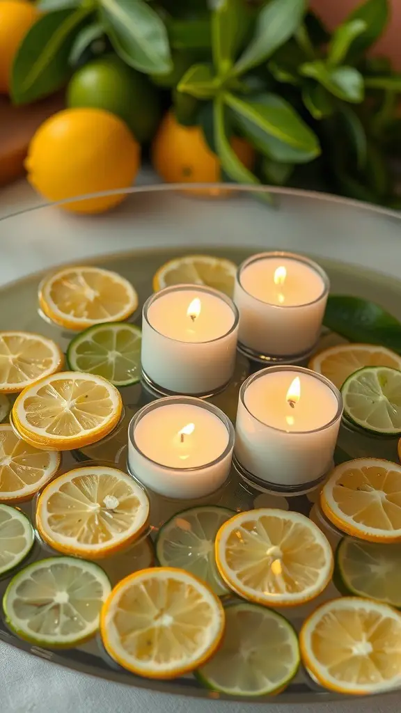 Floating candles surrounded by lemon and lime slices in a decorative bowl.