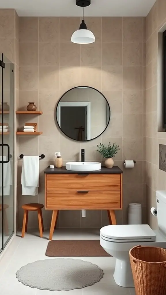 A mid-century modern bathroom featuring a sleek wooden vanity, round mirror, and neutral tones.