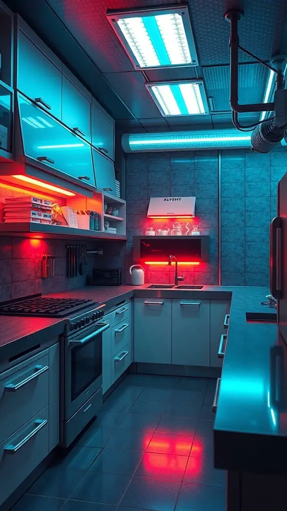 25+ Creative Minecraft Kitchen Designs You’ll Love 7 A futuristic kitchen with blue and red lighting, sleek cabinets, and modern appliances.