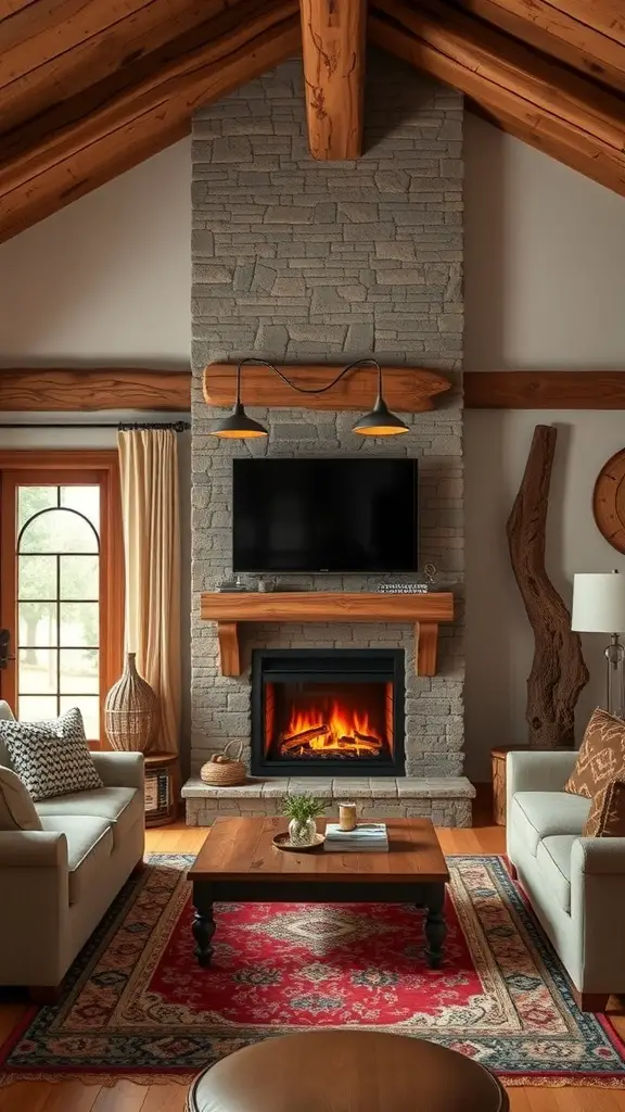 29+ Stunning Electric Fireplace Ideas to Complement Your TV 3 Cozy living room with a stone fireplace, wooden beams, and a mounted TV.