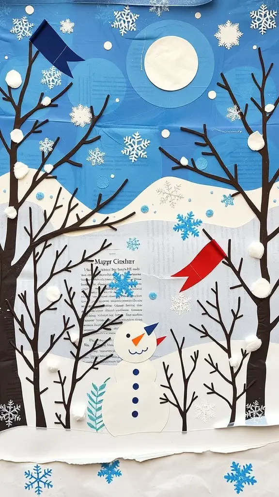 27+ Creative Winter Crafts Preschoolers Ideas 11 A colorful winter scene collage with a snowman, snowflakes, and trees.