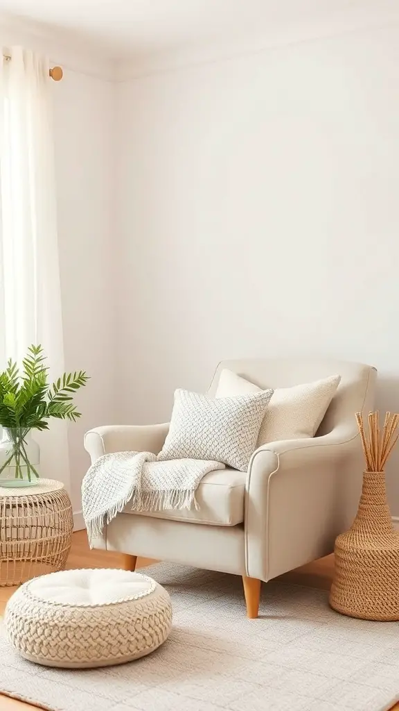 27+ Adorable Neutral Baby Room Ideas to Inspire Your Nursery Design 12 A cozy seating area in a neutral baby room featuring a light armchair, decorative pillows, a pouf, and a plant.