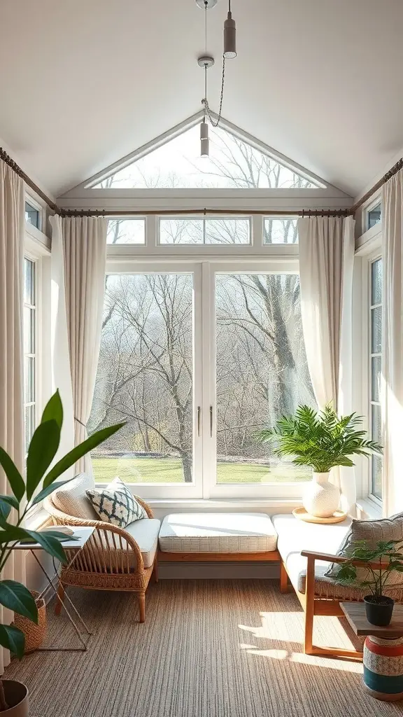 29+ Stunning Sunroom Curtain Ideas to Brighten Your Space 10 A bright sunroom with large windows, featuring light curtains and a cozy seating area.