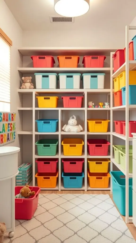 Colorful storage bins organized on shelves in a nursery