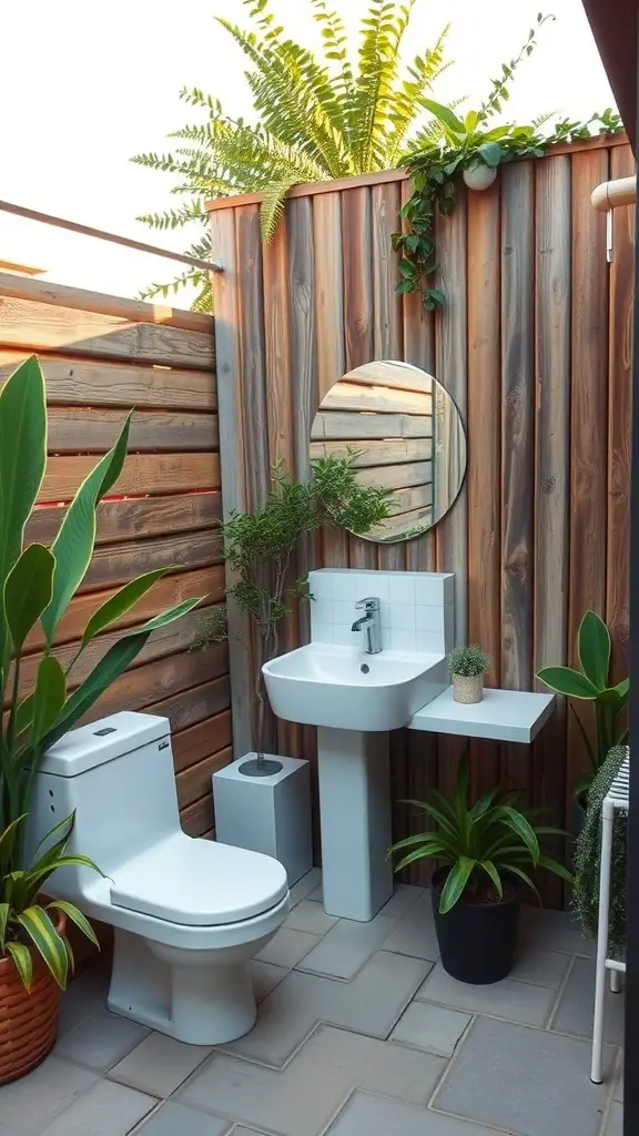 A semi-outdoor bathroom with wooden walls, plants, and modern fixtures.