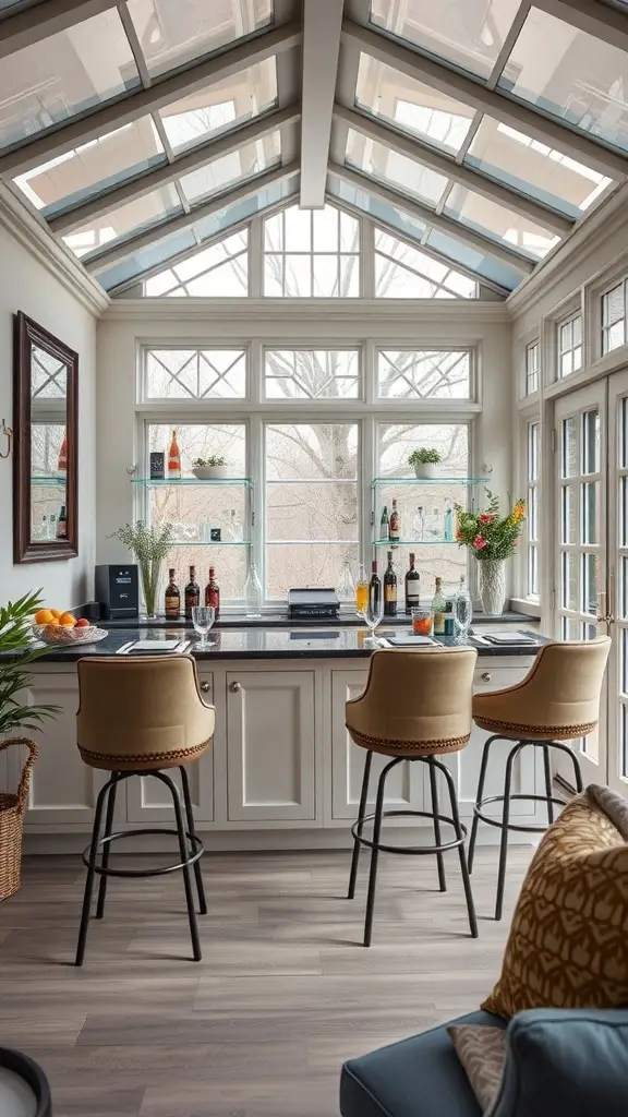 27+ Enclosed Sunroom Ideas to Brighten Your Home 11 Stylish cocktail bar setup in a sunroom with large windows and comfortable seating.