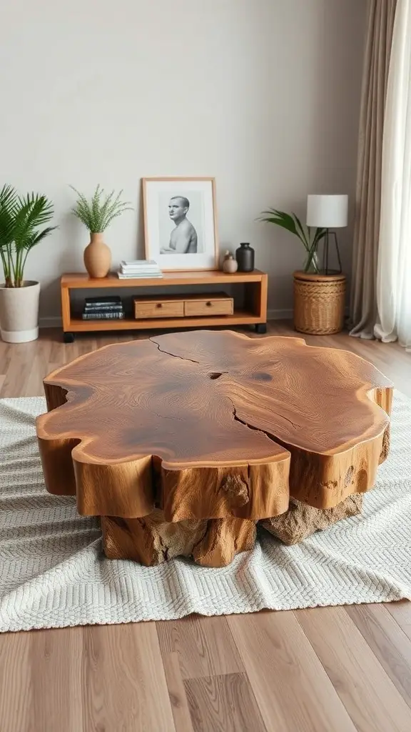 27+ Stunning DIY Coffee Table Ideas You Can Create at Home 11 A live edge wood coffee table in a modern living room setting.