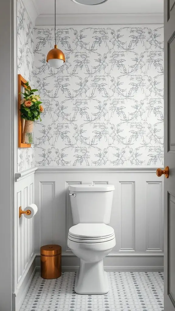 A stylish bathroom featuring board and batten wall treatment combined with floral wallpaper.