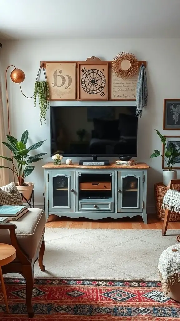 29+ Stunning Boho TV Stands for Your Living Room Makeover 9 A cozy living room featuring a vintage blue TV stand, framed art above the TV, plants, and a patterned rug.