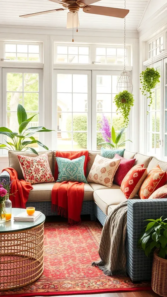 29+ Creative Sunroom Decorating Ideas You’ll Love 9 A sunroom with a cozy sofa adorned with colorful accent pillows and throws, surrounded by plants and natural light.