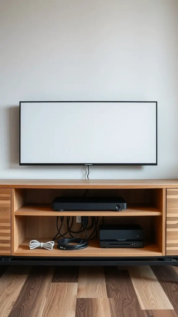 Modern TV stand with cable management features, displaying a TV and electronic devices in a tidy setup.