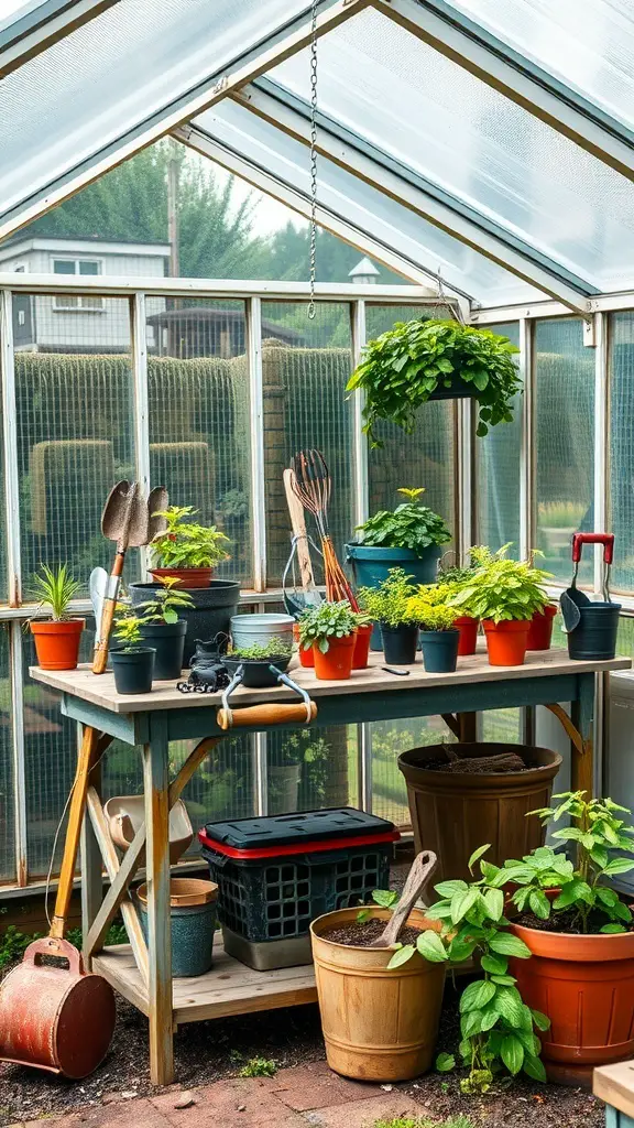 29+ Creative DIY Greenhouse Table Ideas for Your Garden 3 A greenhouse table with a metal frame, displaying various potted plants and gardening tools.
