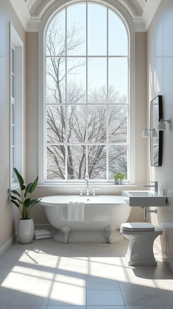 A bright bathroom featuring a large window with natural light, a freestanding bathtub, and a plant.