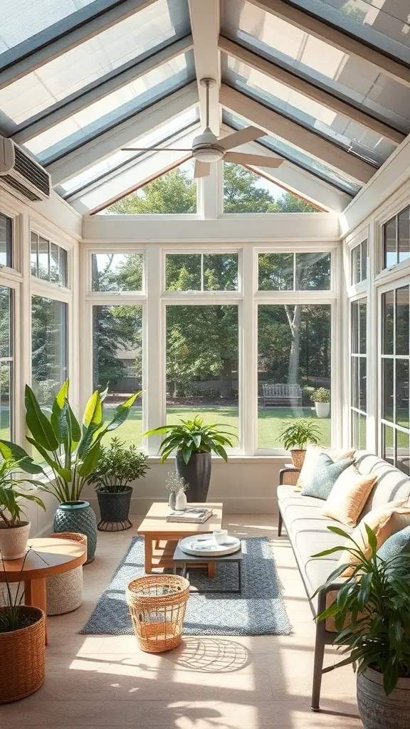 29+ Stunning Sunroom Addition Ideas Off Your Kitchen 8 A bright sunroom with large windows, plants, and comfortable seating.