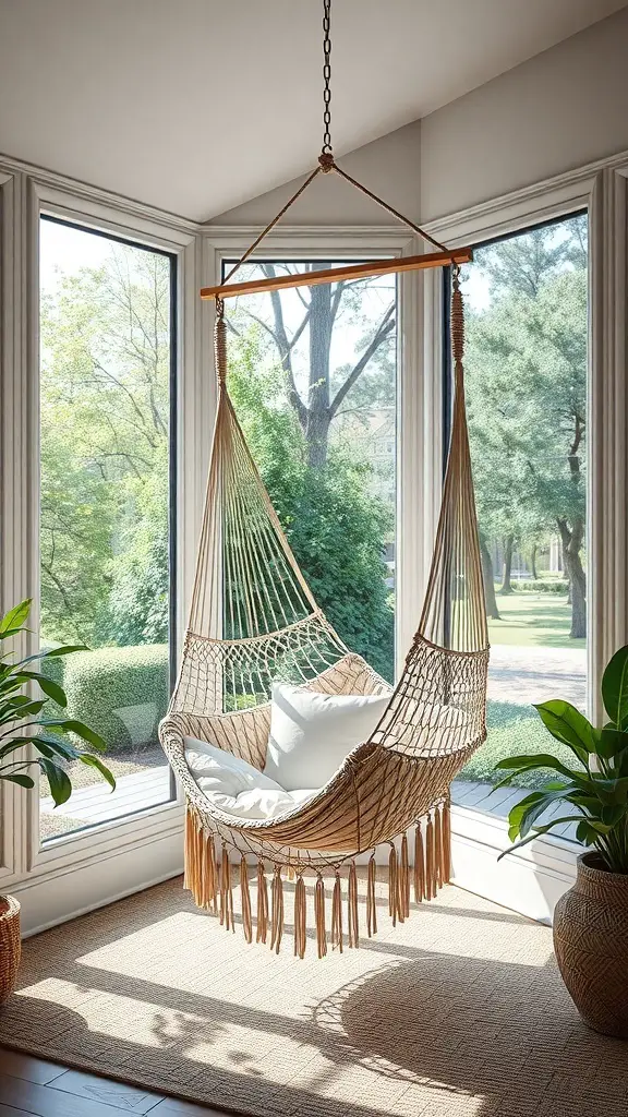 25+ Stylish Sunroom Furniture Ideas for a Cozy Retreat 4 A cozy hammock chair hanging in a sunroom with large windows and plants around.