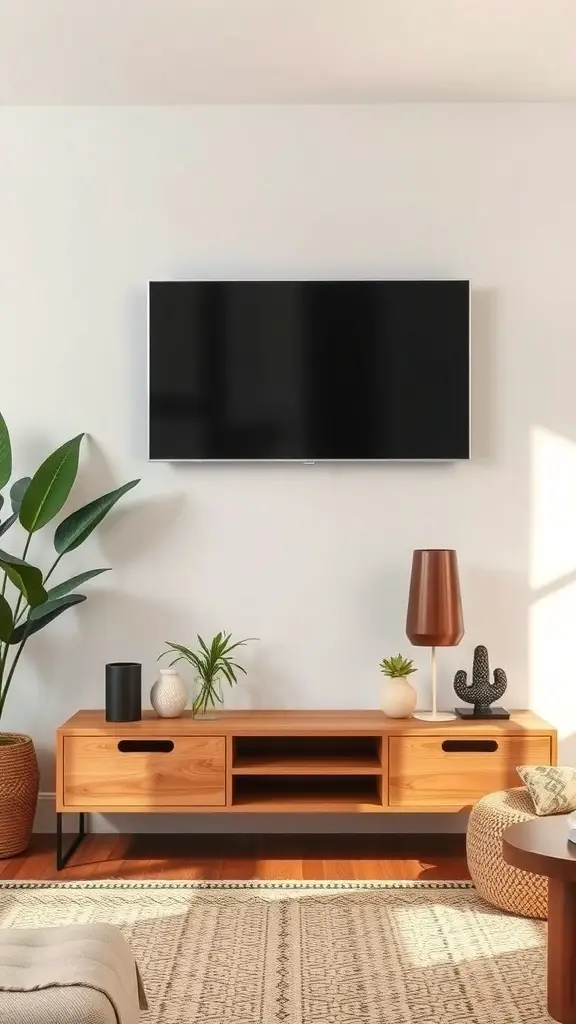 29+ Stunning Boho TV Stands for Your Living Room Makeover 6 A modern living room featuring a floating shelf aesthetic with a TV stand, plants, and decorative items.