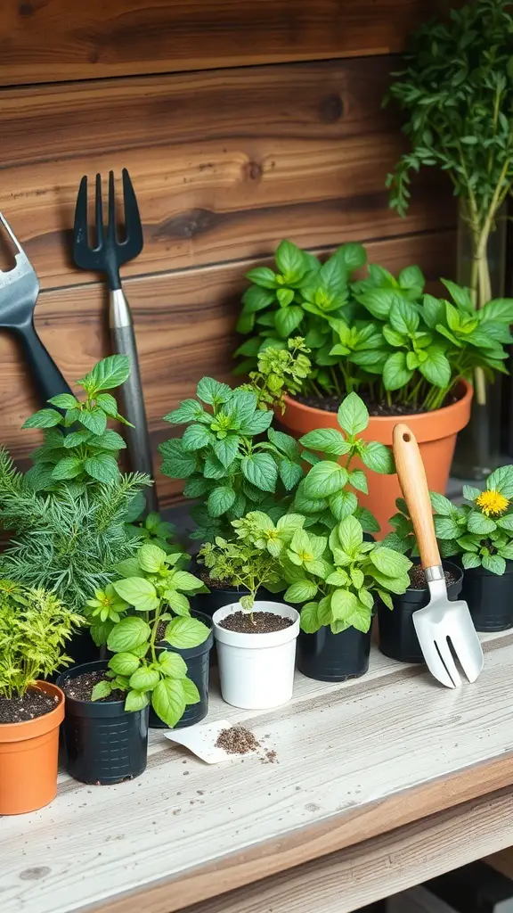 A potting table with various herbs in pots and gardening tools.