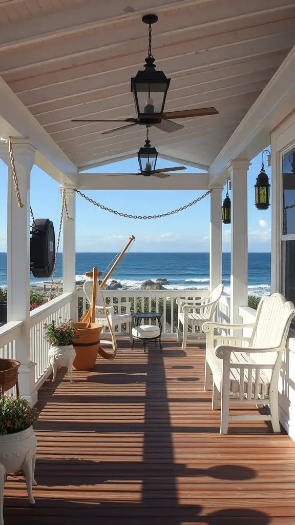 A covered porch with ocean view, featuring white railings, wooden flooring, and nautical decor.