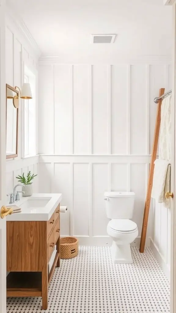 A modern bathroom featuring board and batten wall design with a wooden vanity and white walls.