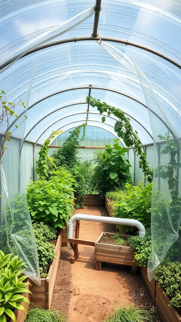 23+ Creative and Affordable DIY Greenhouse Ideas to Try 10 Interior view of a simple hoop greenhouse with lush plants and a clear plastic covering.