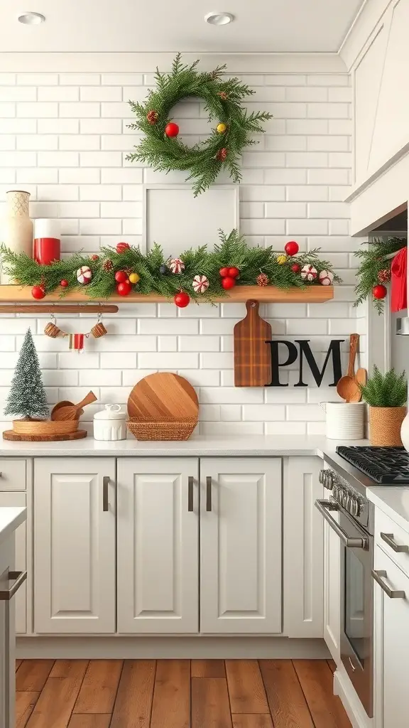A cozy kitchen with a shiplap backsplash decorated for the holidays, featuring a wreath, garland, and festive decor.