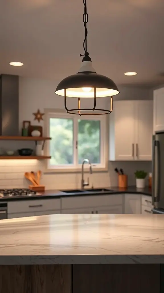 A modern pendant light hanging over a kitchen island with a dimmer switch.