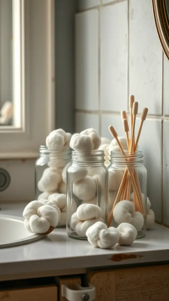 Vintage storage jars filled with cotton balls and wooden sticks on a bathroom counter.