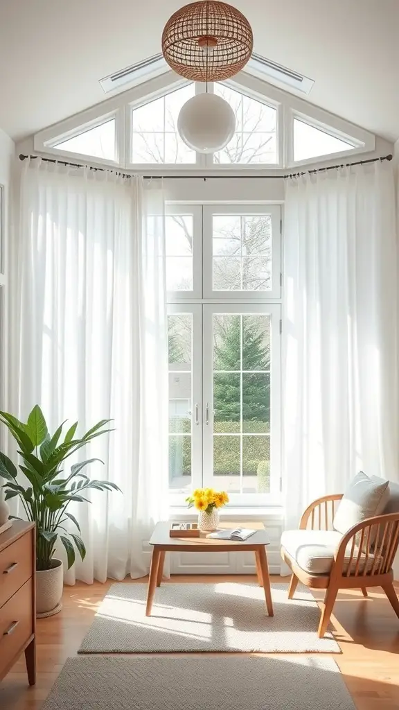 29+ Stunning Sunroom Curtain Ideas to Brighten Your Space 3 A sunroom with classic white curtains, wooden furniture, and a bright atmosphere.