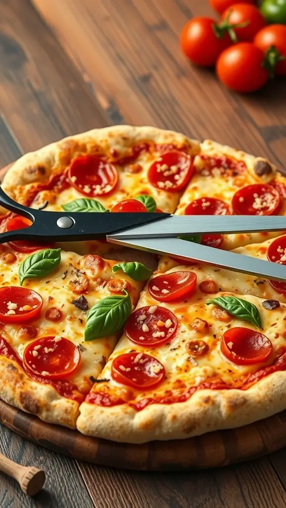 25 Unique Kitchen Gadgets You Didn't Know You Needed 15 A pepperoni pizza with fresh basil, sliced using innovative pizza scissors