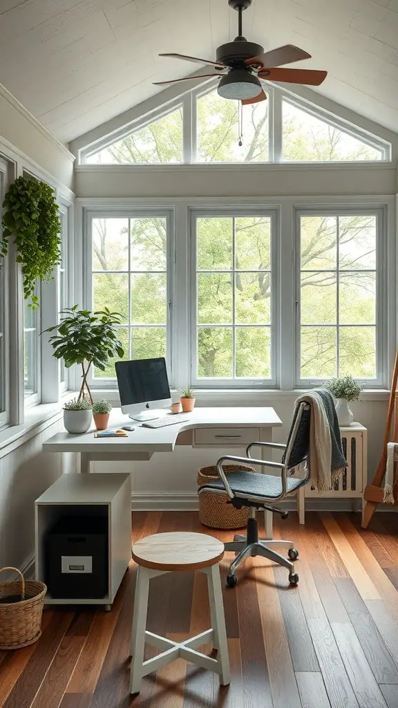 23+ Inspiring Three Season Porch Ideas to Transform Your Space 6 A bright and inviting workspace in a three-season porch with large windows, a desk, and plants.