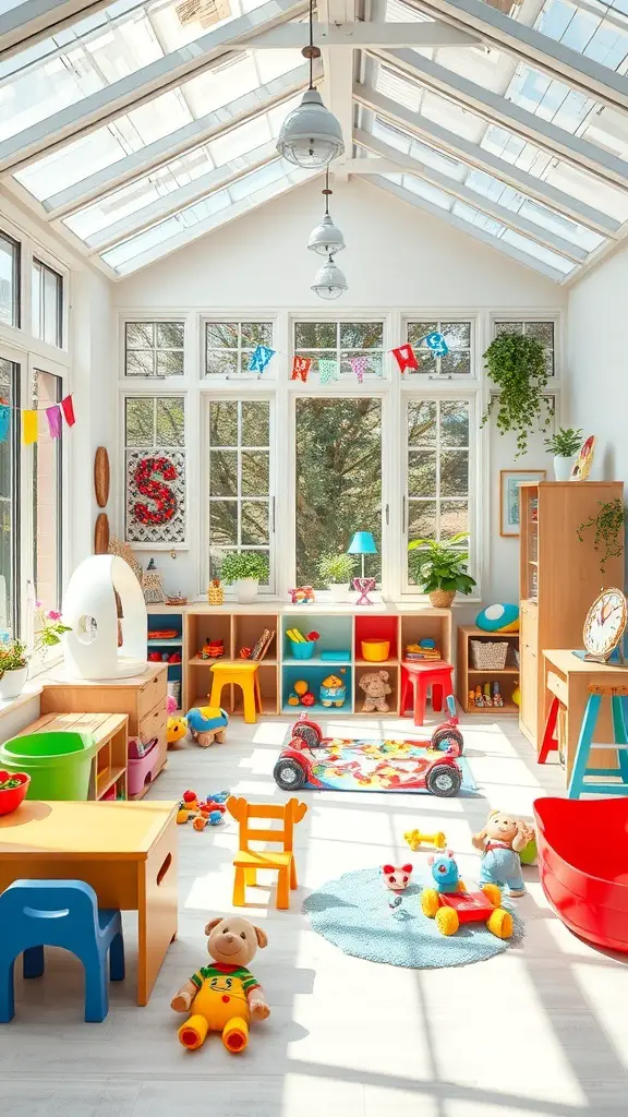 27+ Enclosed Sunroom Ideas to Brighten Your Home 15 A bright and colorful children's playroom in a sunroom with toys, furniture, and decorations.