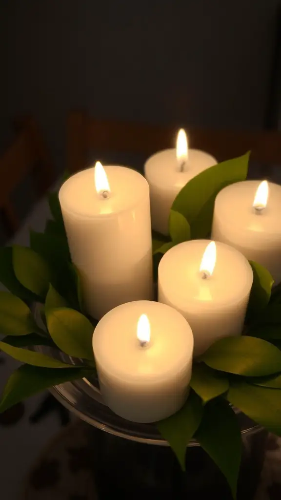 A minimalist centerpiece with white candles and green leaves.