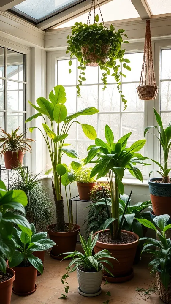 25+ Stylish Sunroom Furniture Ideas for a Cozy Retreat 9 A sunroom filled with various potted plants, showcasing a mix of heights and textures.