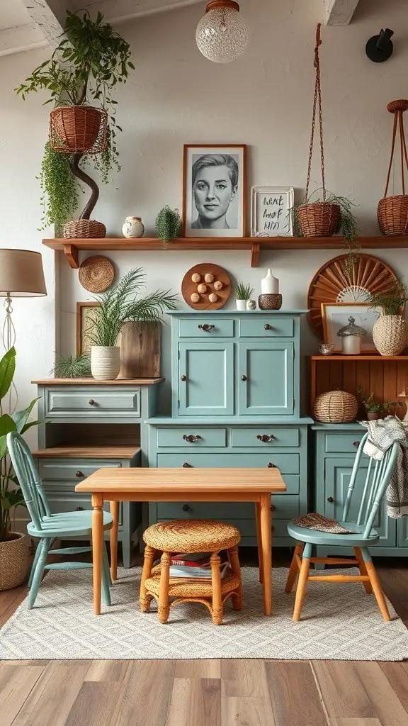 A cozy room featuring funky painted furniture, including a blue cabinet and chairs, decorated with plants and art.