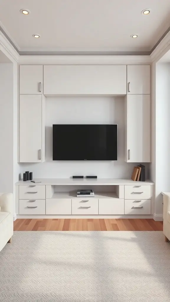 A modern living room with built-in cabinets surrounding a flat-screen TV.