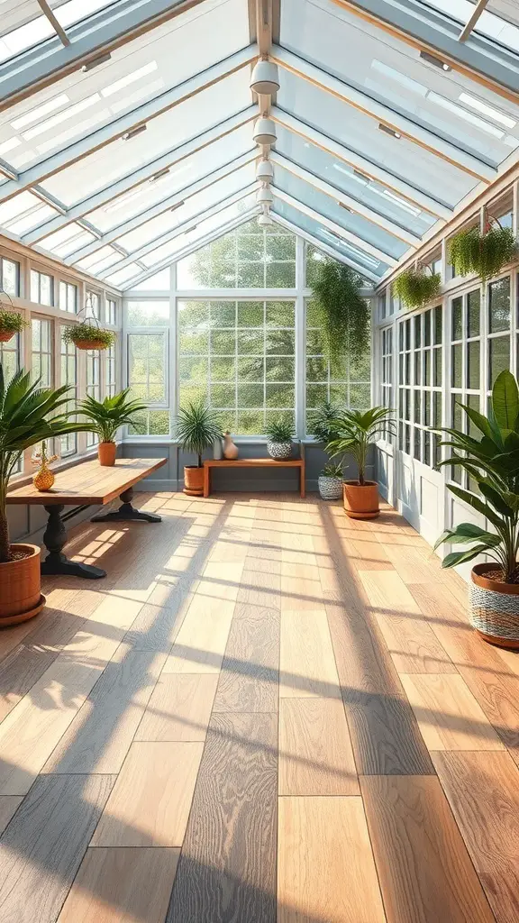 29+ Stunning Attached Greenhouse Sunroom Ideas for Your Home 15 Bright sunroom with wooden flooring, plants, and natural light.